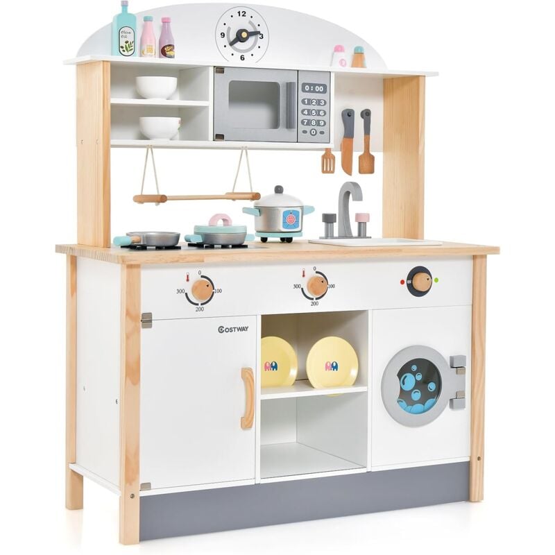 foto del prodotto costway cucina giocattolo per bambini in legno, set da cucina per bambini con forno a microonde, accessori vari per cucinare, per bambini 3 anni 
