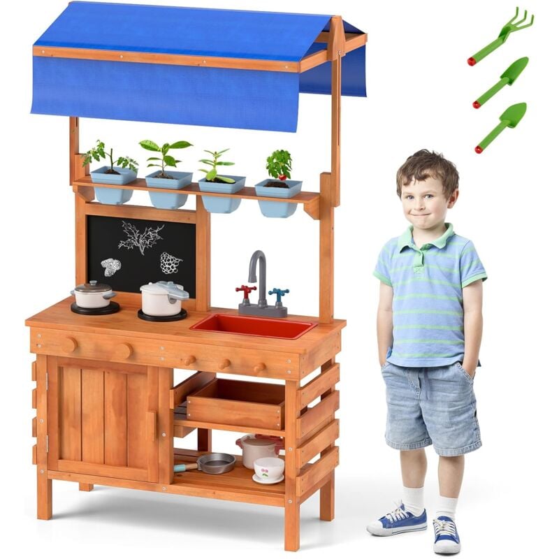 foto del prodotto costway cucina giocattolo per giardino con attrezzi da giardinaggio 2 in 1, cucina per bambini in legno di pino con tettoia regolabile, 4 vasi e