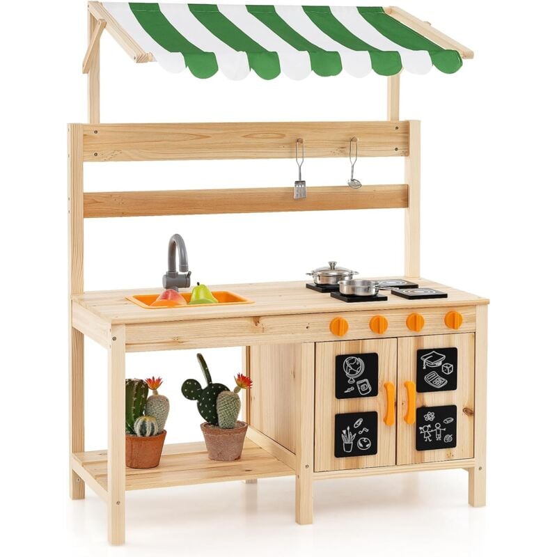 foto del prodotto costway cucina giocattolo per giardino in legno di abete, cucina per fango da esterno con tettoia, fornelli, ganci, 4 lavagne e lavello, set cucina