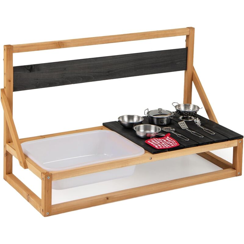 foto del prodotto costway cucina giocattolo per giardino in legno di abete, cucina per fango da esterno per bambini con ganci, lavagna e lavandino, set cucina con 9