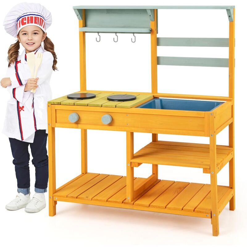 foto del prodotto costway cucina giocattolo per giardino in legno di pino, cucina per bambini con 2 fornelli a manopola, lavandino e 3 ganci, set cucina con ripiani