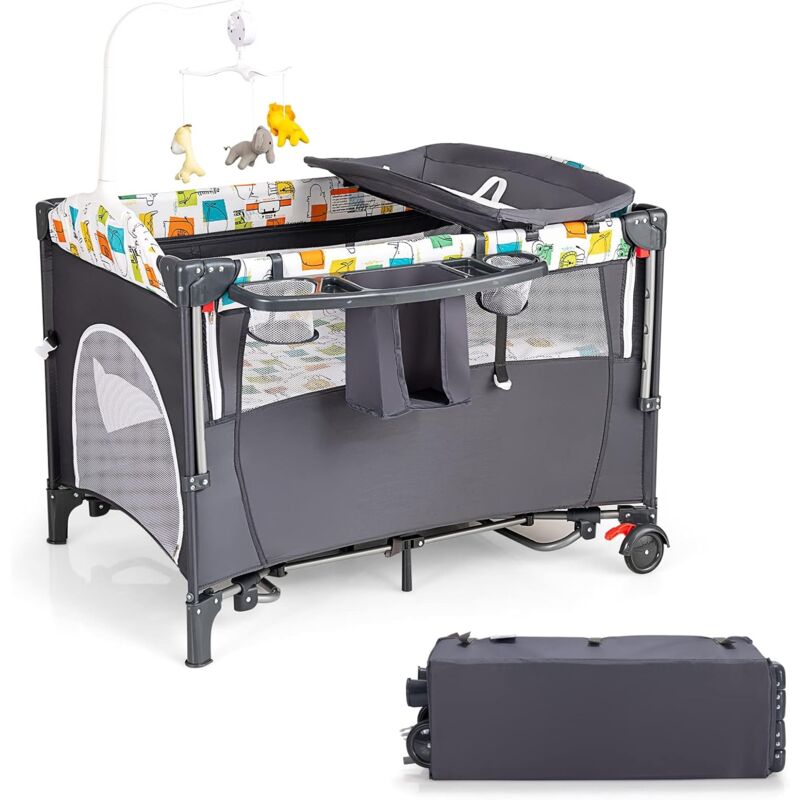 foto del prodotto costway culla da campeggio 5 in 1, co sleeping aitezze regolabili, lettino da campeggio con fasciatoio, box bambini pieghevole e ingresso laterale,