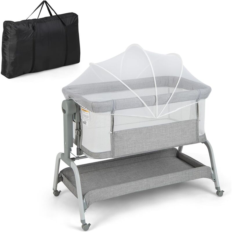 foto del prodotto costway culla neonato fianco 4 in 1, culla co sleeping con spondina apribile, altezza regolabile, inclinabile, materasso ruote borsa da viaggio