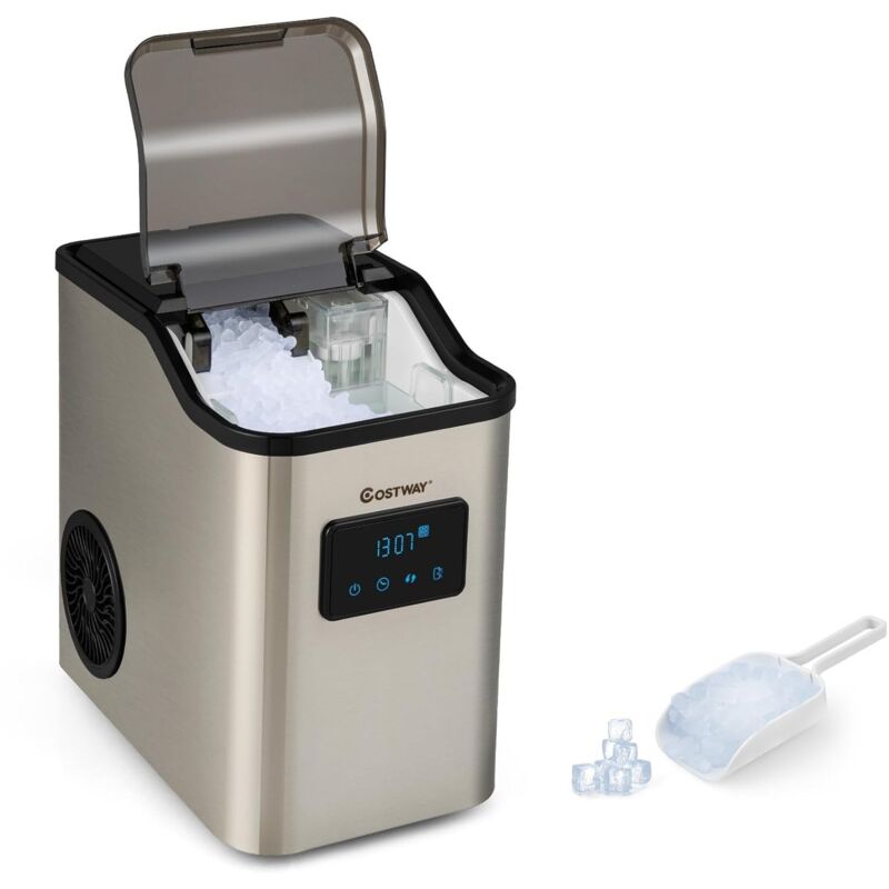 foto del prodotto costway fabbricatore di ghiaccio 24kg 24h, 2 modi di ricarica dell acqua autopulente e finitura in acciaio inox, macchina per produzione di
