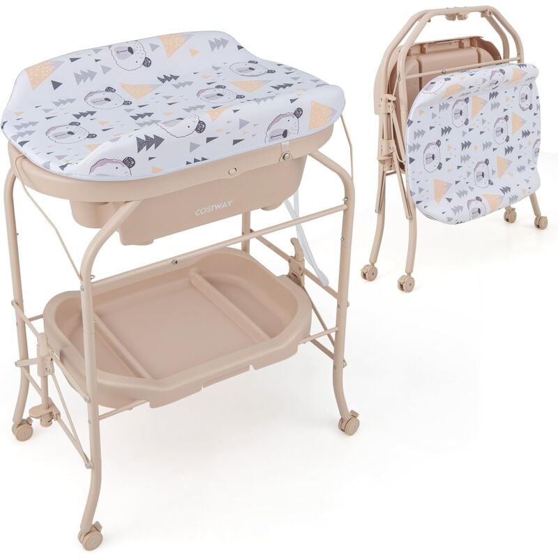foto del prodotto costway fasciatoio con vaschetta da bagno per bagnetto, fasciatoio pieghevole salvaspazio con materassino in pvc e ruote, 0 12 mesi fino a 11kg