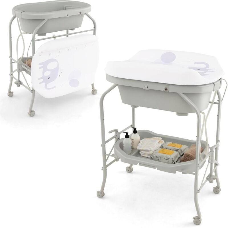 foto del prodotto costway fasciatoio con vaschetta da bagno per neonati, fasciatoio pieghevole salvaspazio con materassino in pvc e ruote, per bambini 0 12 mesi,