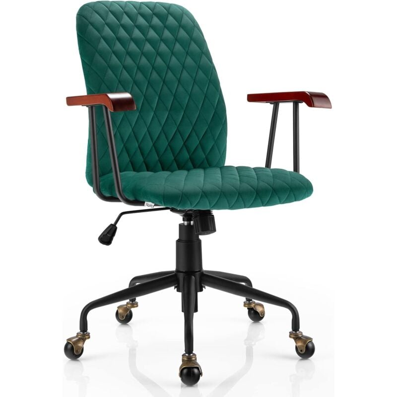 foto del prodotto costway fauteuil de bureau roulette en velours, chaise pivotante r glable,style vintage el gant,accoudoirs en bois de caoutchouc, vert