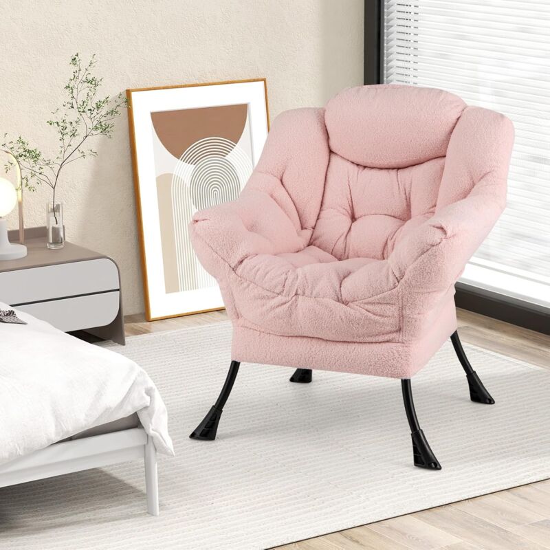 foto del prodotto costway fauteuil salon scandinave, fauteuil relax en sherpa avec oreiller et poche lat rale, fauteuil chambre pour lecture, cadre en m tal pour