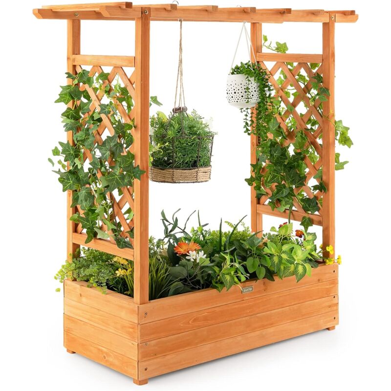foto del prodotto costway fioriera con fori di drenaggio e grigliato per piante rampicanti, porta piante in legno da esterno, fioriera da esterno per giardino,