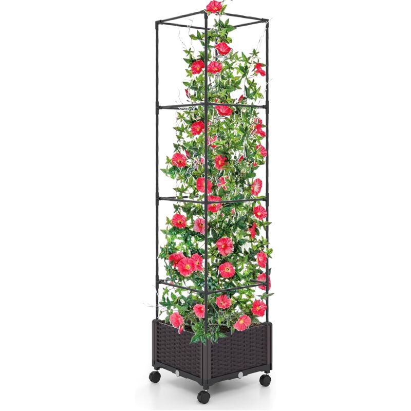 foto del prodotto costway fioriera con grigliato per piante rampicanti, letto rialzato con spalliera, sistema di auto irrigazione, altezza regolabile e ruote,
