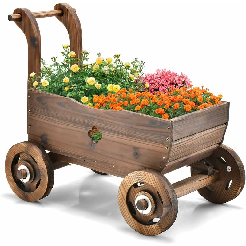 foto del prodotto costway fioriera da esterno in legno a forma di carrello, carriola portafiori con 4 ruote, maniglia e foro di drenaggio, carrello decorativo da