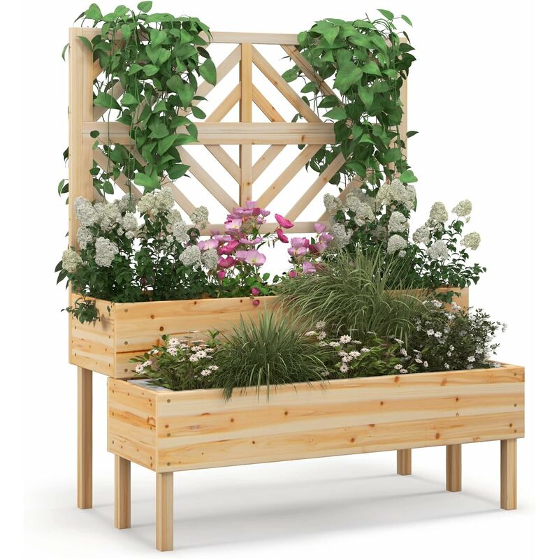 foto del prodotto costway fioriera da giardino a 2 livelli con traliccio, letto rialzatto con gambe in legno, foro di drenaggio, fioriera da interno ed esterno per