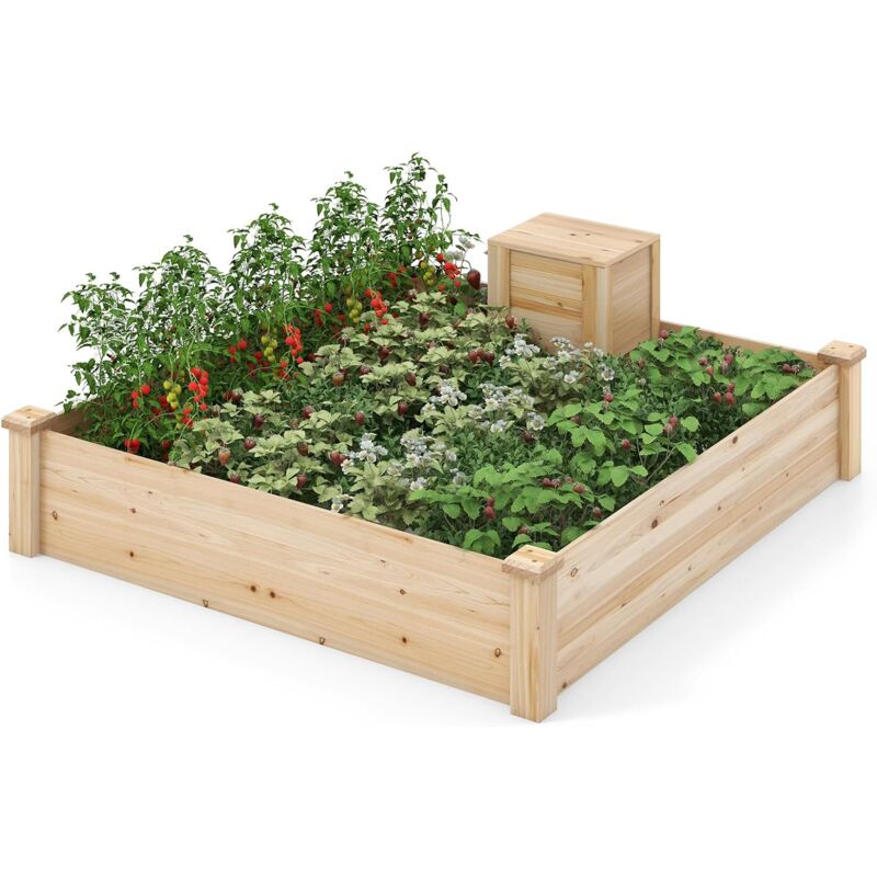 foto del prodotto costway fioriera da giardino rialzata 124 x 124 x 25,5 cm, letto da giardino in legno con contenitore di compost e fondo aperto, aiuola quadrata e