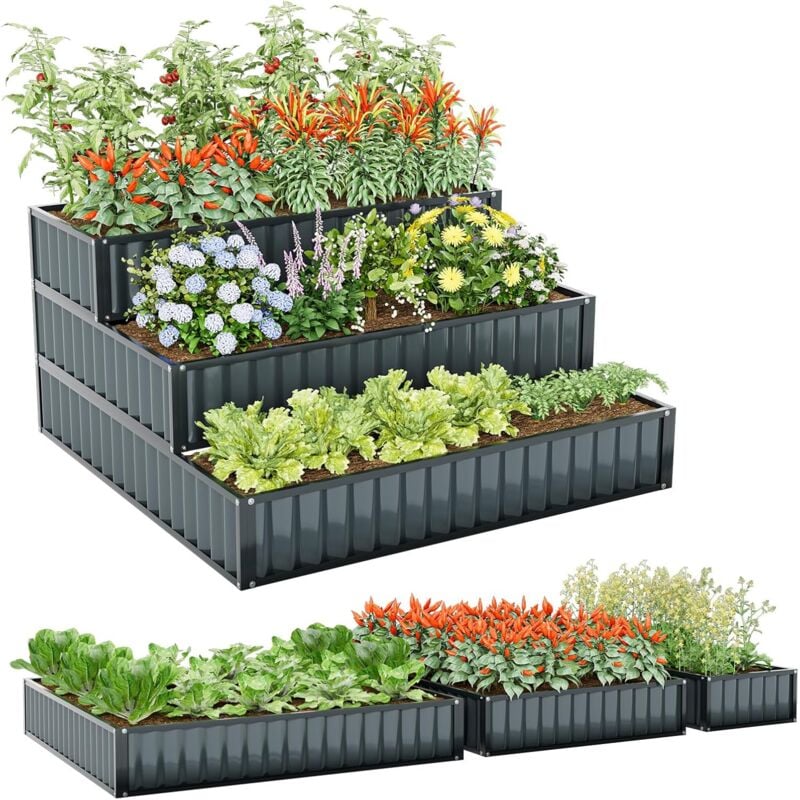 foto del prodotto costway fioriera da giardino rialzato a 3 livelli, aiuola elevata in metallo con base aperta per ortaggi, frutta, fiori ed erbe, orto rialzato da