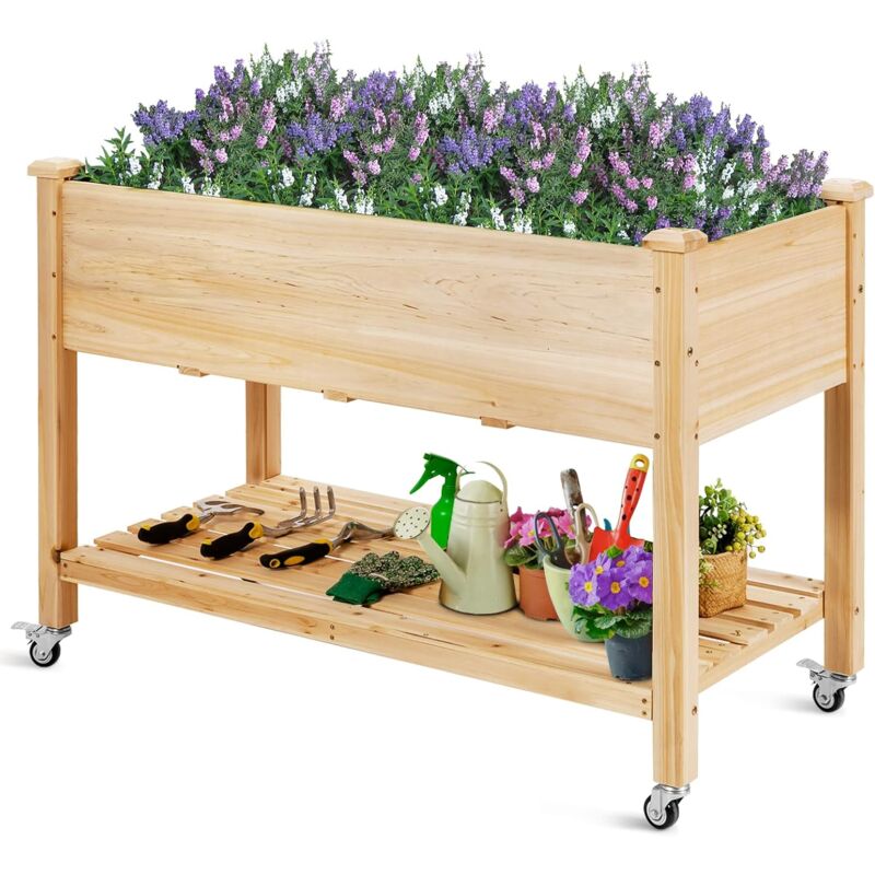 foto del prodotto costway fioriera in legno con ruote bloccabili, aiuola rialzata con rivestimento protettivo, fioriera per fiori, verdure ed erbe, ideale per