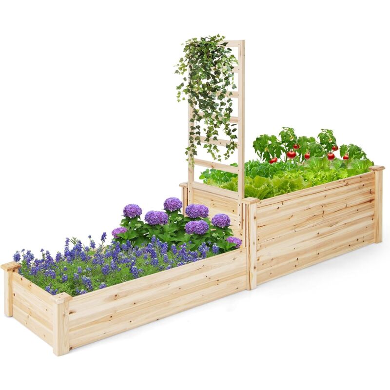 foto del prodotto costway fioriera rialzata con graticcio, letto da giardino di legno a 2 livelli con fondo aperto per verdure, fiori, erbe e frutta, aiuola