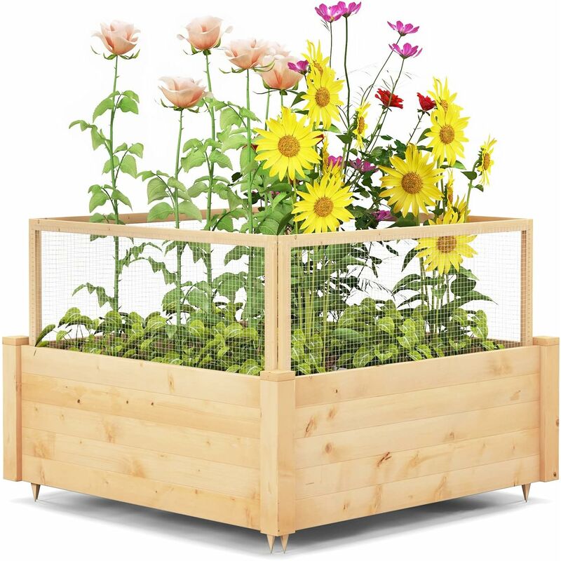 foto del prodotto costway fioriere rialzate con recinto anti animali e griglia di coltivazione, letto da giardino rialzato per coltivazione di fiori, verdure, frutta