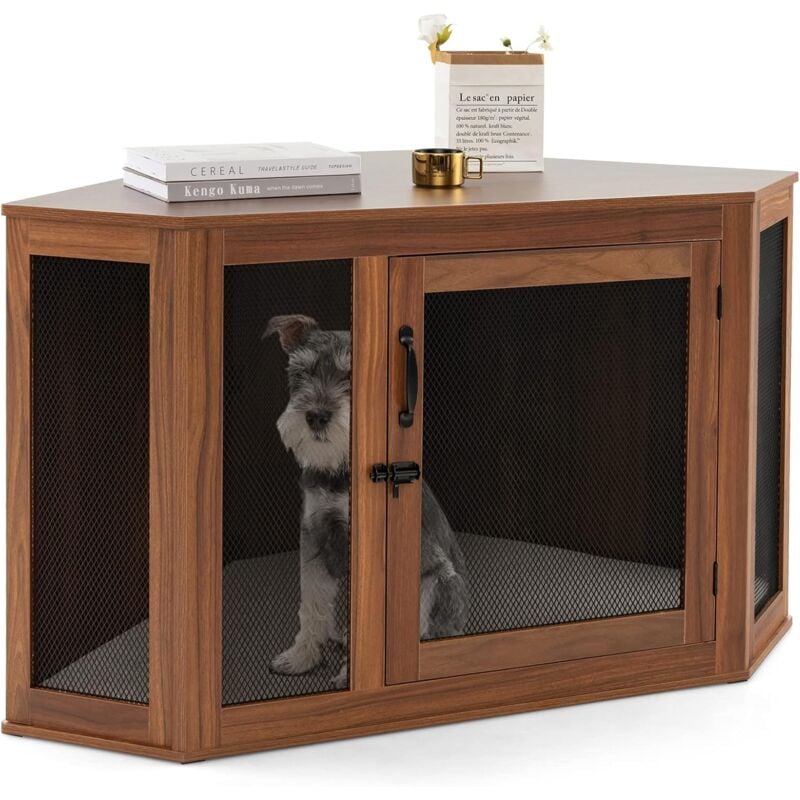 foto del prodotto costway gabbia per cani ad angolo, casetta per cani angolare con porta a rete e cuscino, maniglia e chiavistello, mobile kennel per cani da interno