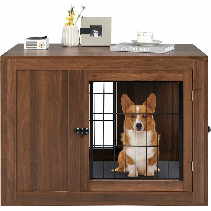 foto del prodotto costway gabbia per cani con doppie porte bloccabili, cuccia in legno per cani con cusino e rete metallica antimorso, kennel per cani di piccola e
