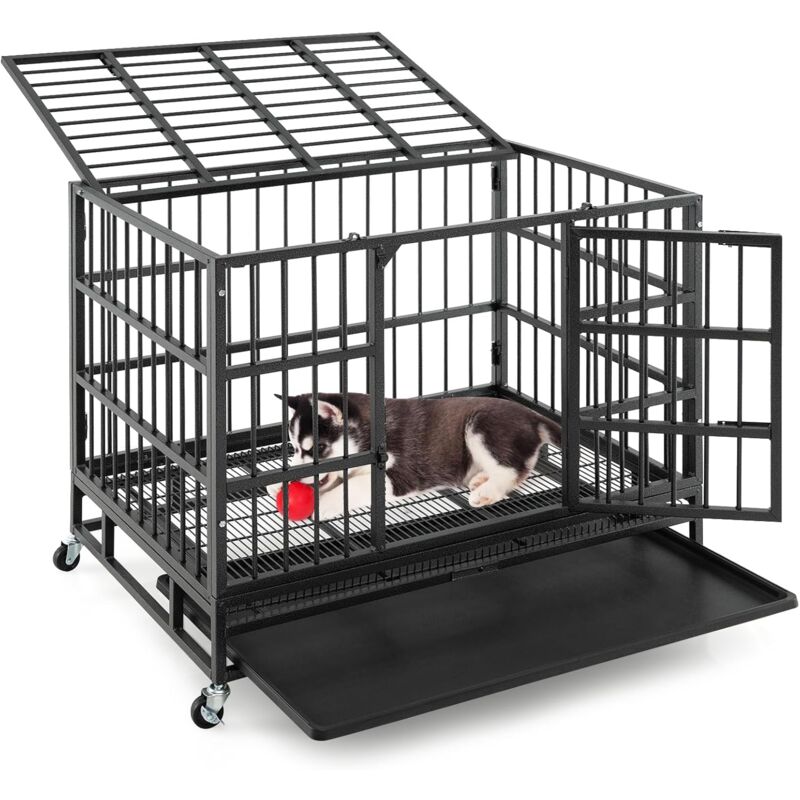 foto del prodotto costway gabbia per cani in metallo pieghevole, gabbia per cani anti masticazione con ruote, vassoio rimovibile e 2 porte, gabbia da interno ed