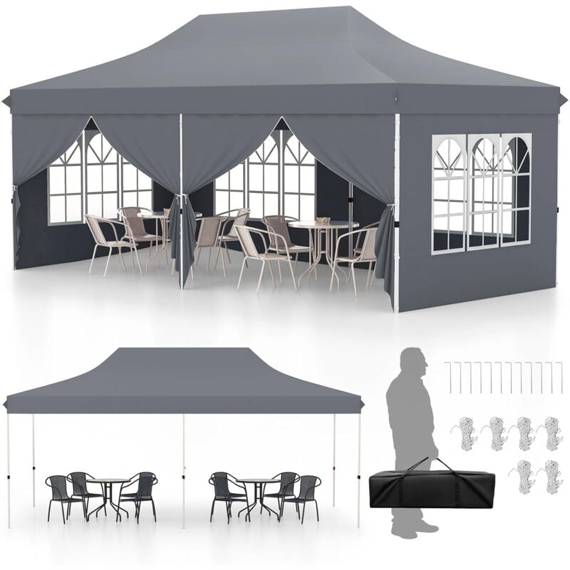 foto del prodotto costway gazebo da giardino 3 x 6 m, tendone per feste con 6 pannelli laterali rimovibili, con borsa da trasporto, design pop up, per matrimonio