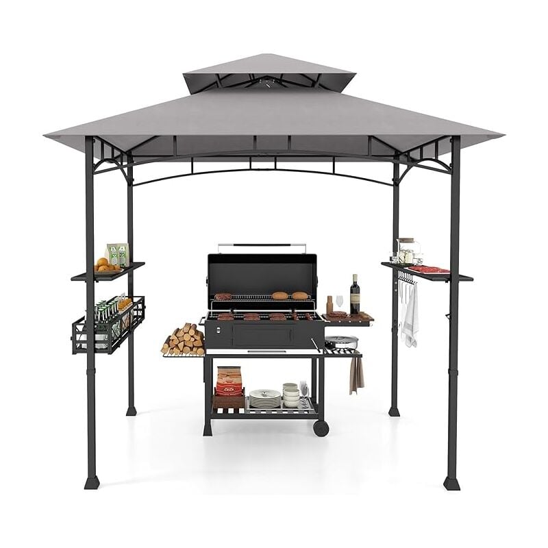 foto del prodotto costway gazebo per barbecue, pergola per bbq con 2 ripiani laterali, cestino, ganci appendiutensili, apribottiglie, copertura a 2 livelli, per