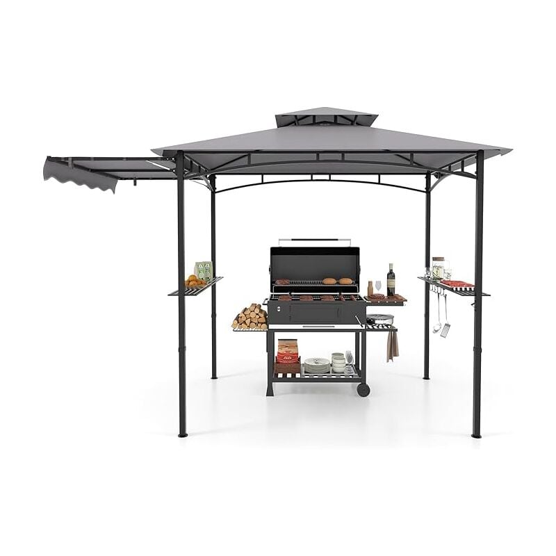 foto del prodotto costway gazebo per barbecue, pergola per bbq con tendalino laterale, tetto a due livelli, 2 ripiani laterali, ganci appesi, apribottiglie, per