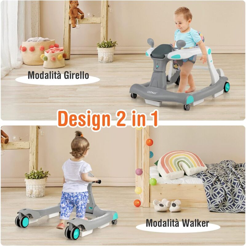 foto del prodotto costway girello per bambini 2 in 1, girello con altezza e velocit regolabili, carillon con luci e cuscino comodo, primi passi per bambini 6 18