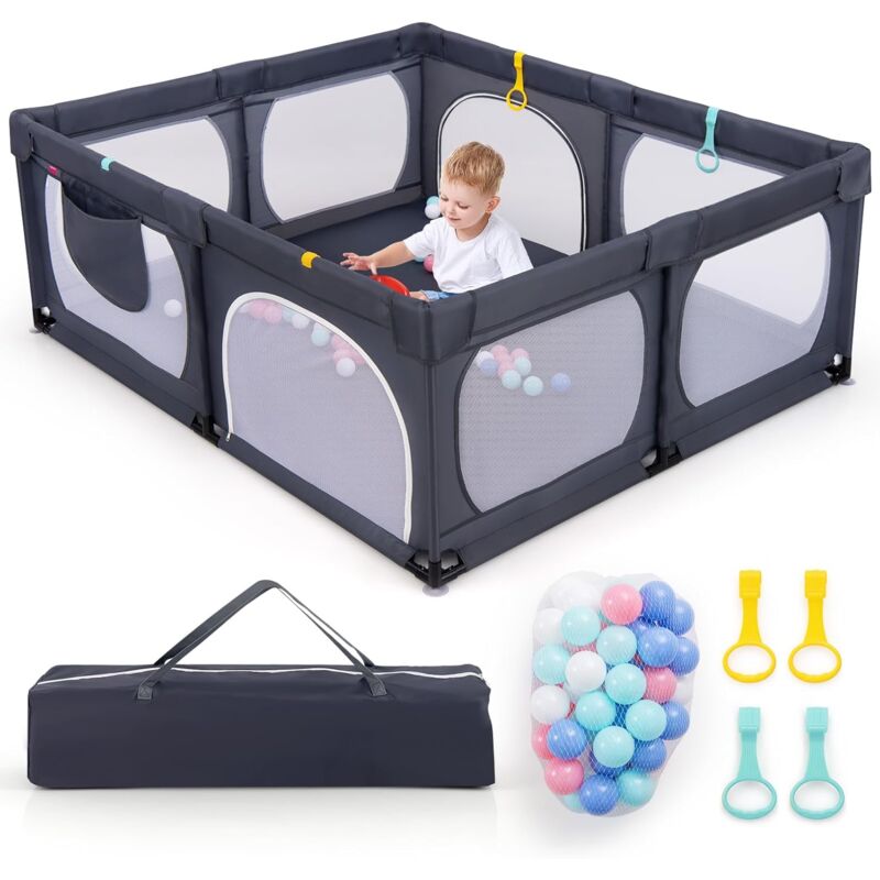 foto del prodotto costway grand parc pour b b avec 50 balles oc aniques, cl ture pour tout petits avec 4 anneaux main, centre d activit s pour b b avec maille