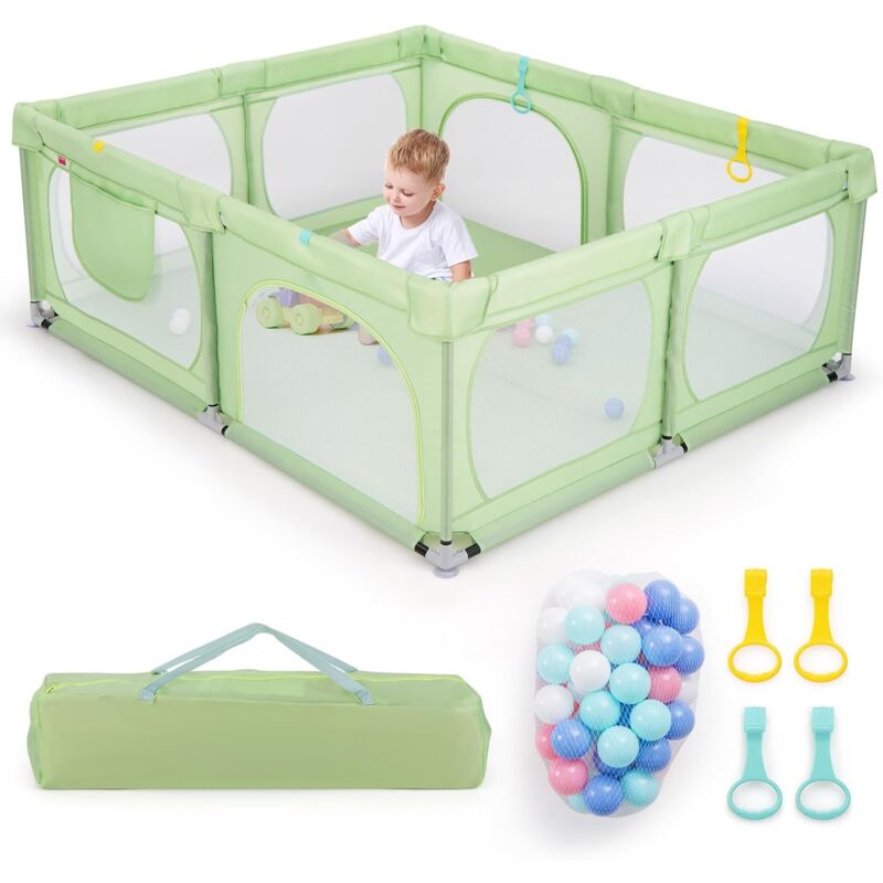 foto del prodotto costway grand parc pour b b avec 50 balles oc aniques, cl ture pour tout petits avec 4 anneaux main, centre d activit s pour b b avec maille
