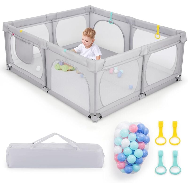 foto del prodotto costway grand parc pour b b avec 50 balles oc aniques, cl ture pour tout petits avec 4 anneaux main, centre d activit s pour b b avec maille