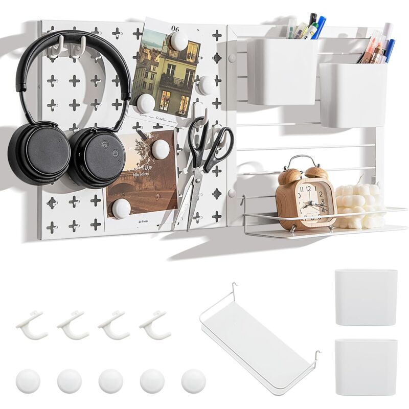 foto del prodotto costway kit 2 pannelli portaoggetti da parete con mensola portaoggetti, kit combinato di pannelli forati, contenitori magneti e ganci, pannelli