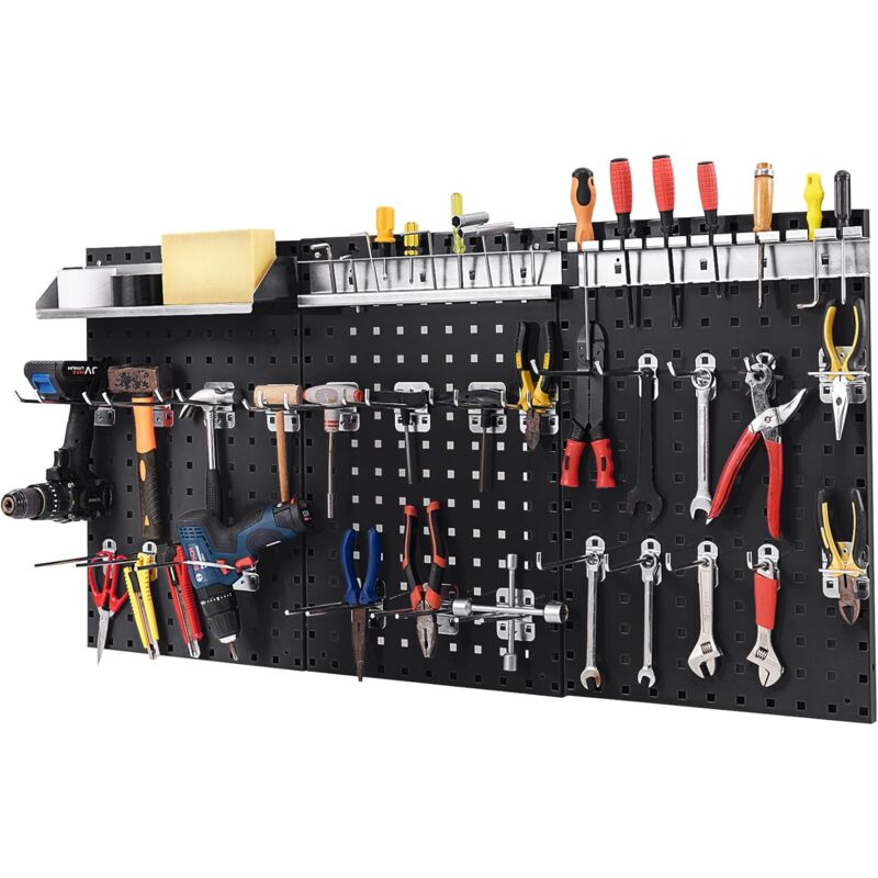 foto del prodotto costway kit 3 pannelli porta attrezzi da parete 60 x 40 cm, pannello forato portaoggetti con 24 ganci e supporti, pannello portautensili per