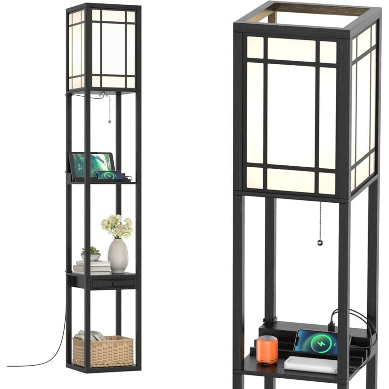 foto del prodotto costway lampada a stelo con ripiani e cassetto, lampada a piantana moderna con 1 presa elettrica e 2 porte usb, lampada da terra per salone e