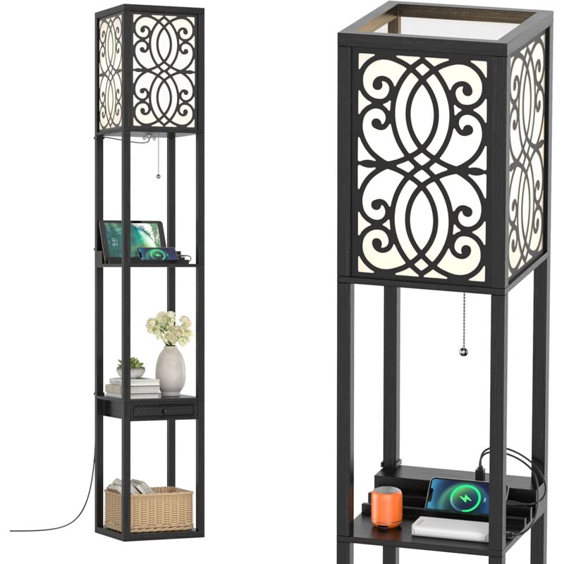foto del prodotto costway lampada a stelo con ripiani e cassetto, lampada a piantana moderna con 1 presa elettrica e 2 porte usb, lampada da terra per salone e