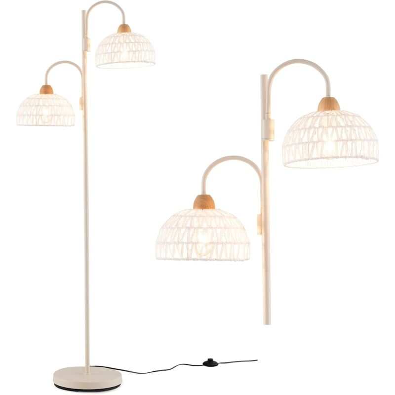 foto del prodotto costway lampada da terra a 2 luce, lampada a stelo rotante a 350 con interruttore a pedale, paralumi intrecciati e 2 supporti per bulbi e27, base