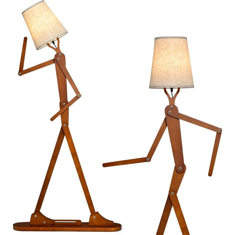 foto del prodotto costway lampada da terra in legno, piantana umanoide decorativa ad angolo con articolazioni regolabili, paralume in tessuto e interruttore a pedale,