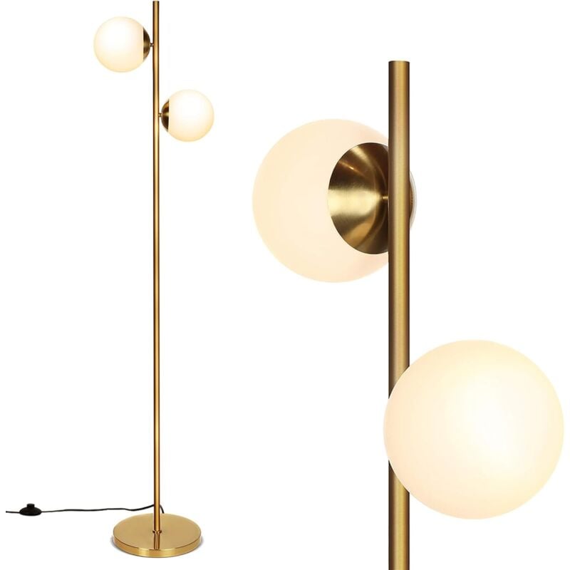 foto del prodotto costway lampada da terra sferica con 2 luci, lampada a stelo con 2 sfere in vetro opalino e interruttore a pedale, piantana led da 12w per
