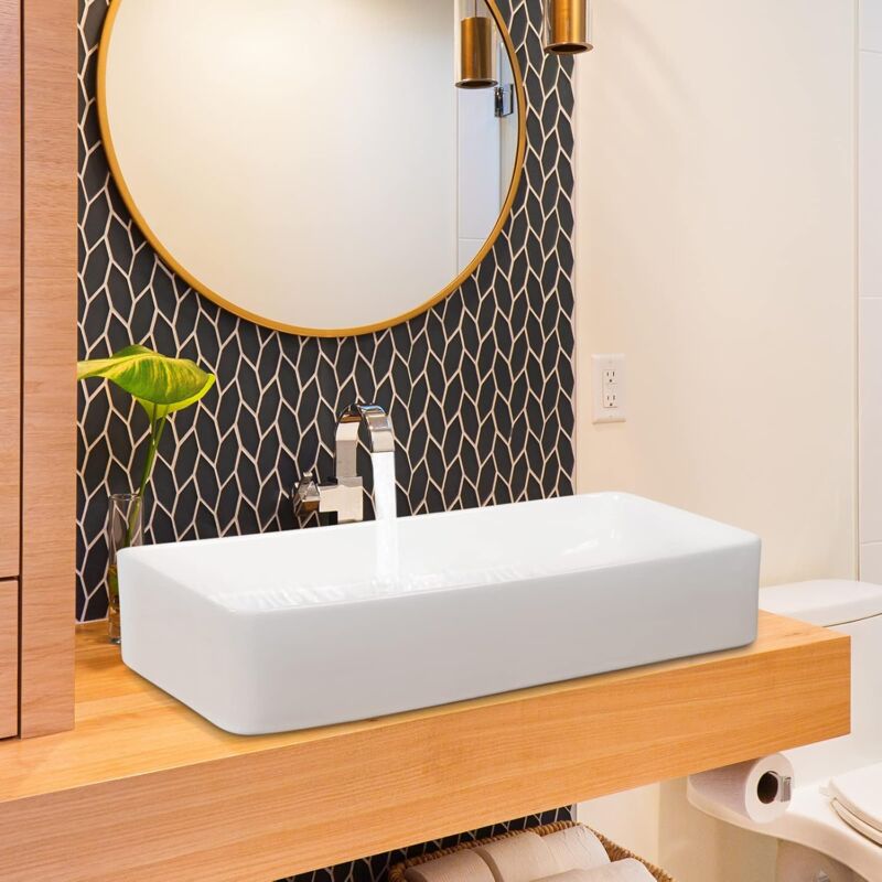 foto del prodotto costway lavabo da bagno in ceramica, lavandino da bagno rettangolare 60 x 35 cm, con scarico a scomparsa, ideale per casa ristorante hotel, bianco
