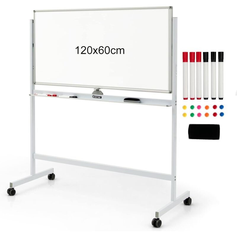 foto del prodotto costway lavagna bianca magnetica doppia, design regolabile in altezza con ruote bloccabili, 6 pennarelli, 12 calamite e 1 cancellino, ideale per