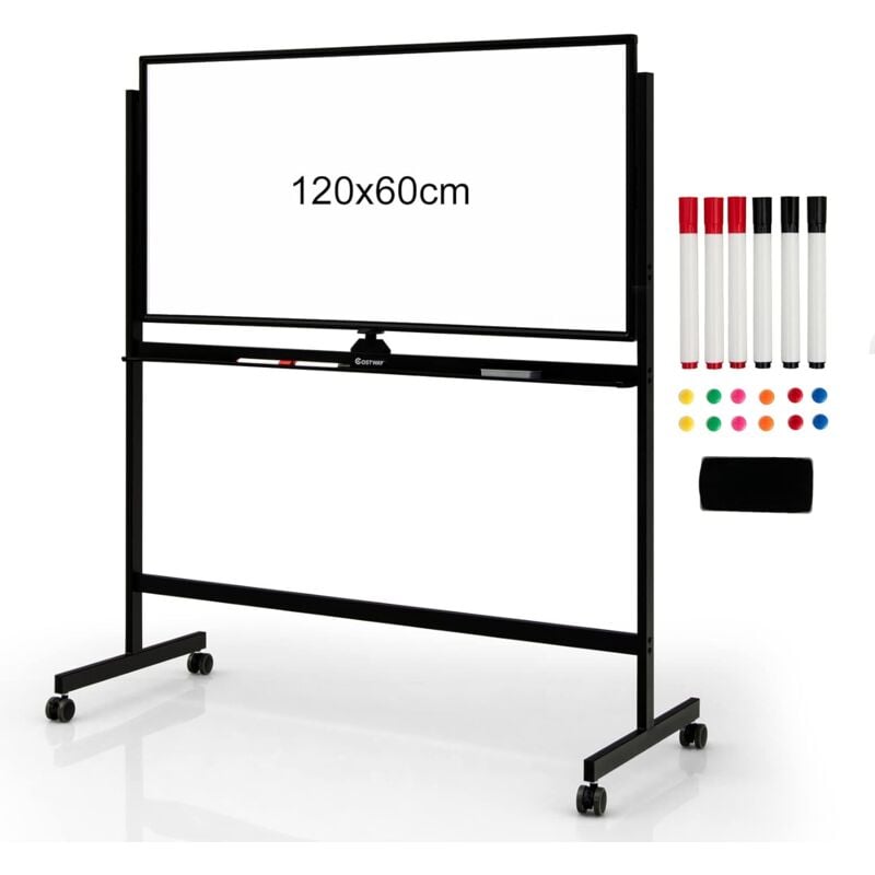 foto del prodotto costway lavagna bianca magnetica doppia, design regolabile in altezza con ruote bloccabili, 6 pennarelli, 12 calamite e 1 cancellino, ideale per