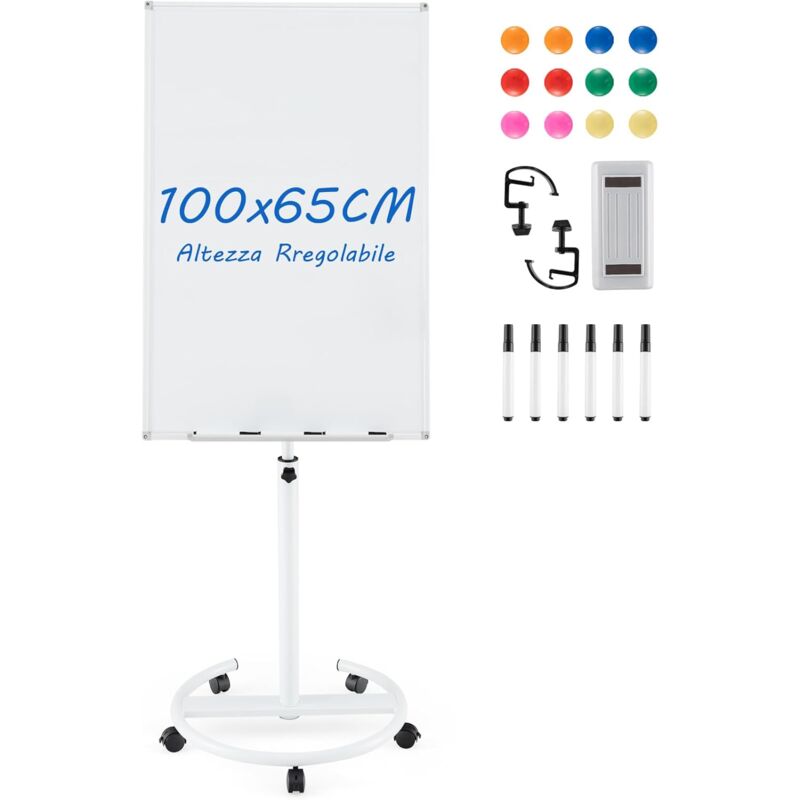 foto del prodotto costway lavagna bianca magnetica mobile con accessori, lavagna regolabile in altezza e angolo con supporto rotondo, 5 ruote bloccabili, 65 x 60 x
