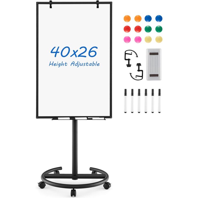 foto del prodotto costway lavagna bianca magnetica mobile con accessori, lavagna regolabile in altezza e angolo con supporto rotondo, 5 ruote bloccabili, 65 x 60 x