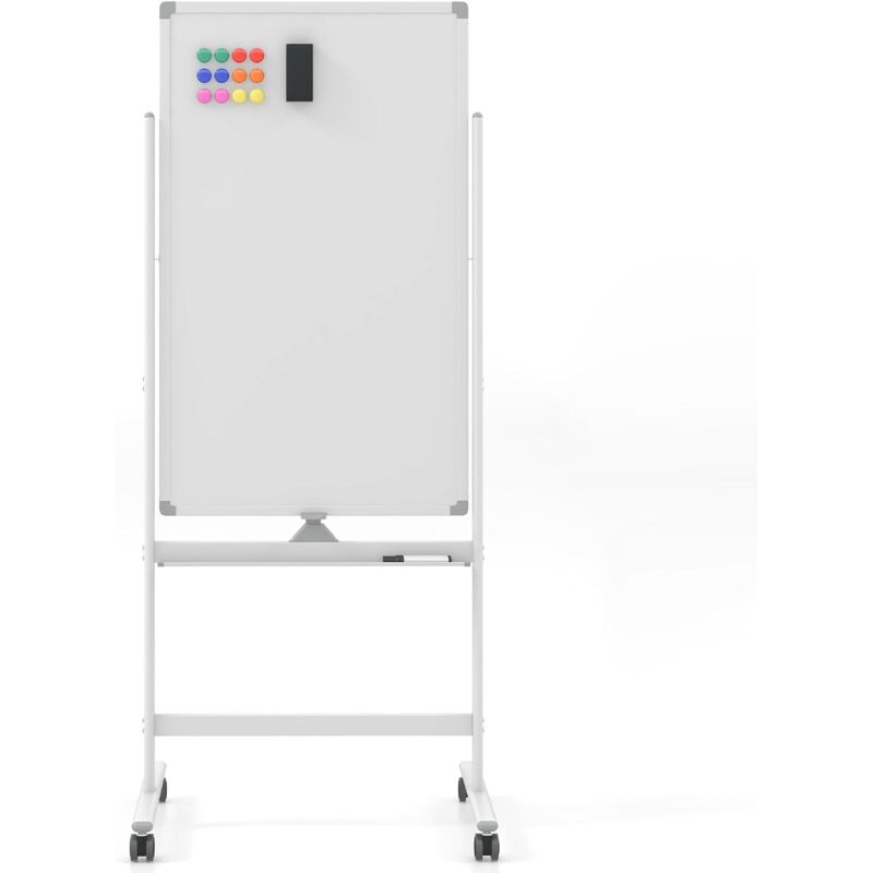 foto del prodotto costway lavagna bianca portatile con ruote, lavagna a secco reversibile con pennarelli, cancellino, lavagna bianca regolabile in altezza per