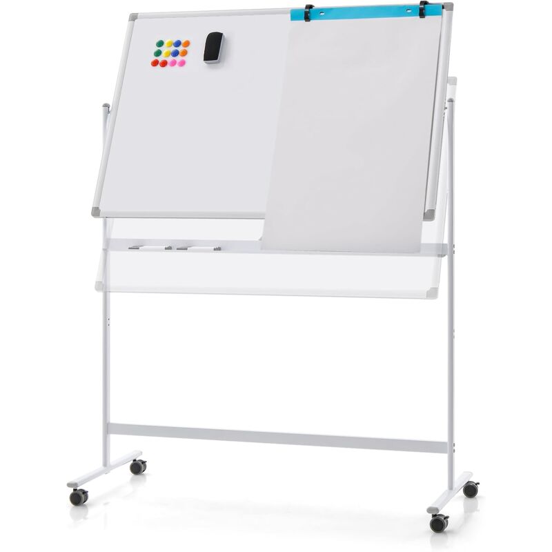 foto del prodotto costway lavagna bianca portatile con ruote, lavagna bianca regolabile in altezza, lavagna a secco reversibile per scuola, ufficio, casa, 80 x 120