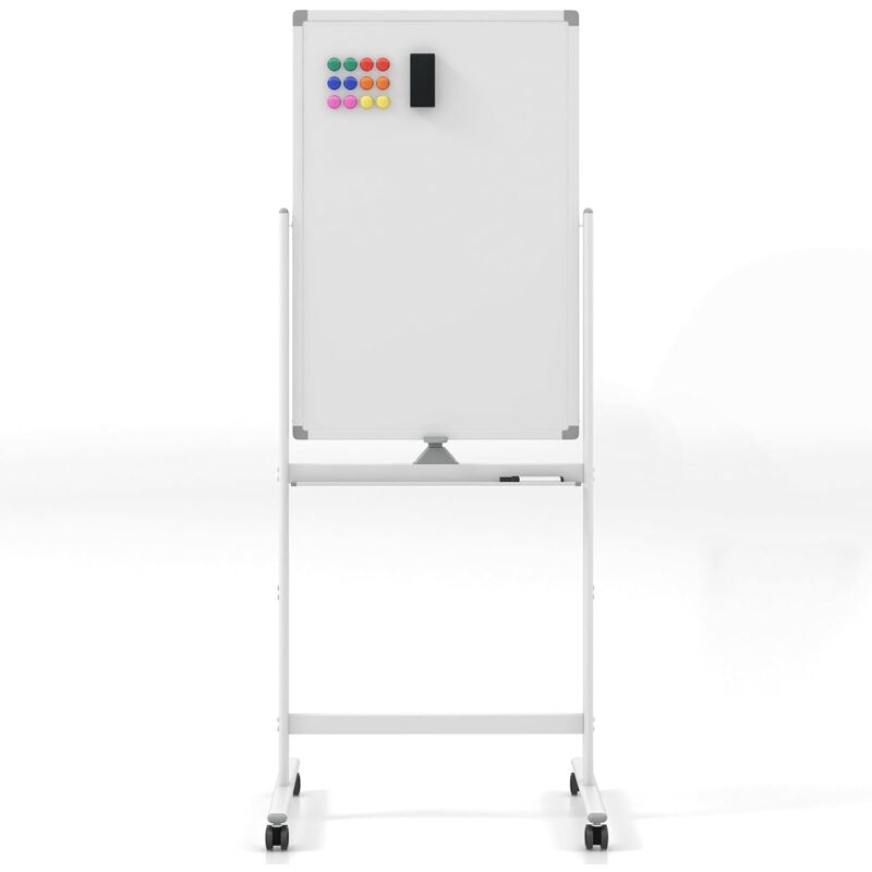 foto del prodotto costway lavagna bianca portatile con ruote, lavagna bianca regolabile in altezza, lavagna a secco reversibile per scuola, ufficio, casa bianco 