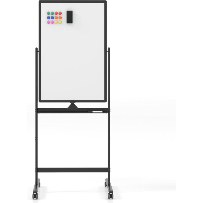 foto del prodotto costway lavagna bianca portatile con ruote, lavagna bianca regolabile in altezza, lavagna a secco reversibile per scuola, ufficio, casa nero 