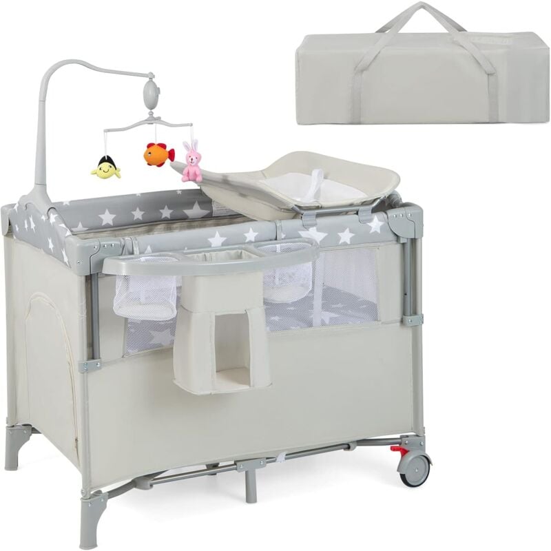 foto del prodotto costway lettino culla da viaggio per neonati e bambini, box portatile pieghevole, con materassino ruote e borsa, 125 x 65 x 119 cm beige 