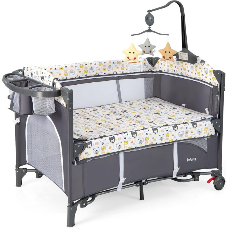 foto del prodotto costway lettino per bambini 5 in 1 con materasso, culla da campeggio pieghevole e regolabile con ruote, adatta per bambini 0 9 mesi, grigio