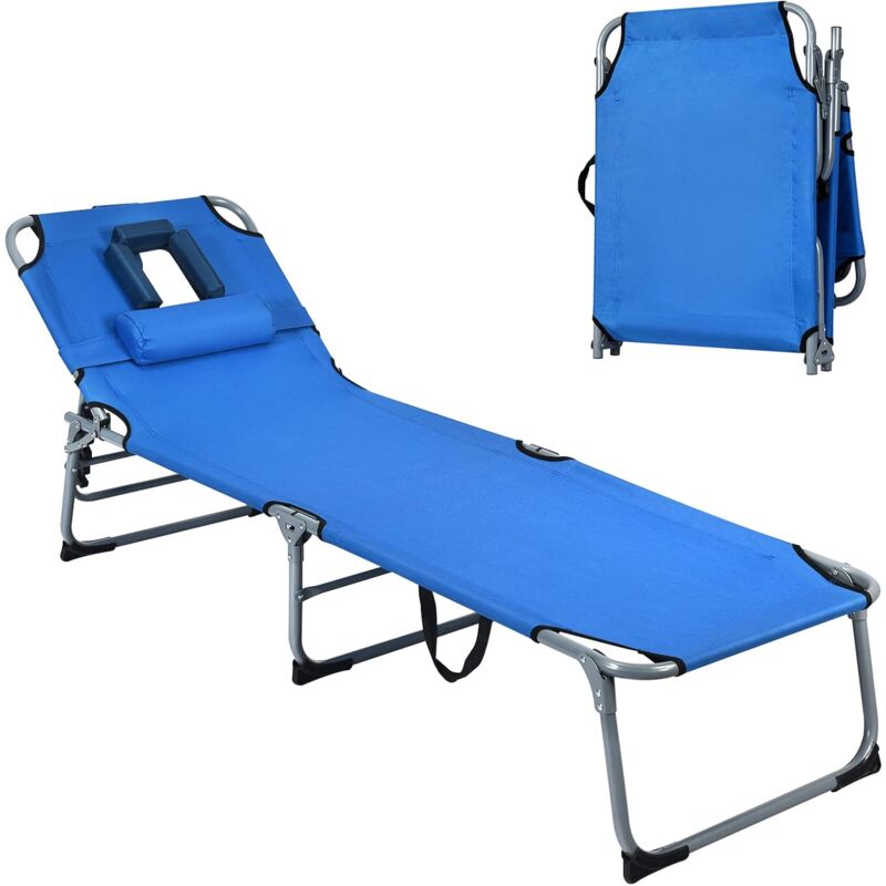 foto del prodotto costway lettino prendisole pieghevole, sedia a sdraio da giardino con foro per il viso e cuscini, schienale reclinabile, per spiaggia patio piscina